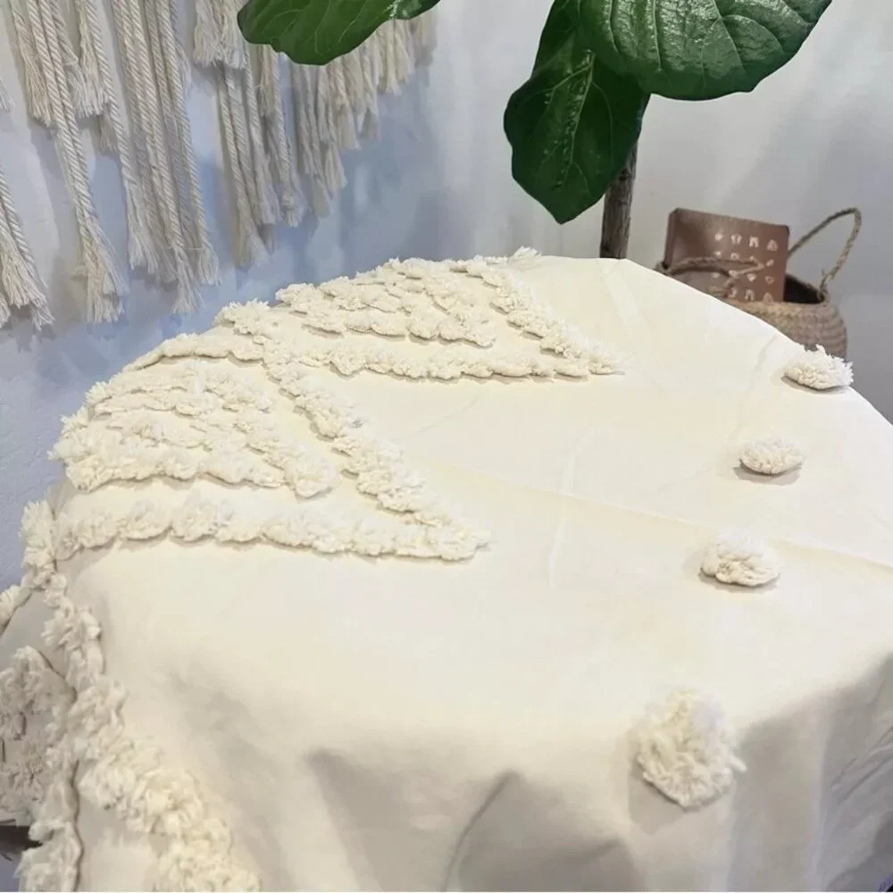 NEW Anthro Cream Boho King / Queen Size Tassel Bedspread Duvet Blanket Sham Set